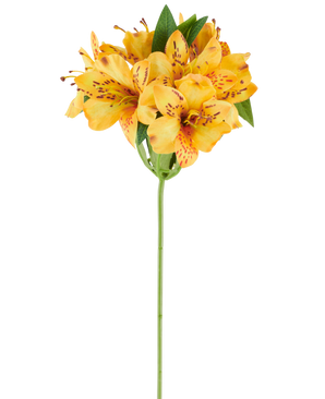 Eine 47 cm große künstliche Alstroemeria-Blume, gelb, mit leuchtend gelb-orange gefleckten Blütenblättern und üppig grünen Blättern an einem einzelnen grünen Stiel, abgebildet vor einem weißen Hintergrund.