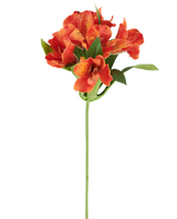 Künstliche Blume Alstroemeria, 47 cm, orange mit mehreren gefleckten Blüten und grünen Blättern auf weißem Hintergrund.