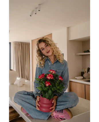Eine Frau mit lockigen blonden Haaren, trägt einen Jeansoverall und rosa Turnschuhe, sitzt mit gekreuzten Beinen auf einer Küchentheke und lächelt, während sie die künstliche Gardenie UV 39 cm in Fuchsia hält.