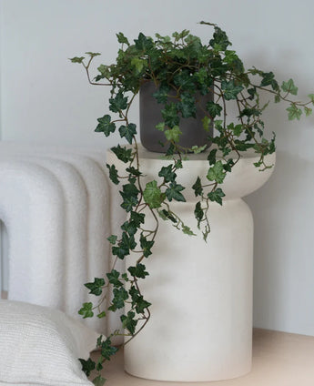 Ein künstlicher Efeu Deluxe Green, ein 90 cm großer hängender Efeu in einem grauen Topf, steht auf einem modernen, weißen, skulpturalen Sockel neben einer gefalteten weißen Decke und einem weißen Strukturkissen.