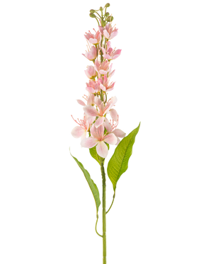 Eine einzelne künstliche Blume, asiatischer Apfel, 84 cm, rosa, mit blassrosa Blüten und schlanken grünen Blättern, vertikal angeordnet vor einem weißen Hintergrund.