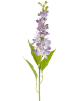 Die Kunstblume Asiatischer Apfel 84 cm Lavendel hat einen einzelnen Stiel mit länglichen grünen Blättern und mehreren kleinen, hellvioletten Blüten, die vertikal entlang des Stiels stehen und isoliert auf einem weißen Hintergrund stehen.
