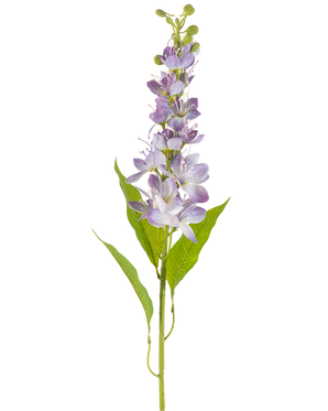 Die Kunstblume Asiatischer Apfel 84 cm Lavendel hat einen einzelnen Stiel mit länglichen grünen Blättern und mehreren kleinen, hellvioletten Blüten, die vertikal entlang des Stiels stehen und isoliert auf einem weißen Hintergrund stehen.