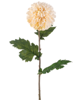 Die künstliche Blumen-Dahlie 75 cm creme hat einen einzelnen Stiel mit einer großen, runden cremefarbenen Dahlienblüte und mehreren grünen, gezackten Blättern auf weißem Hintergrund.