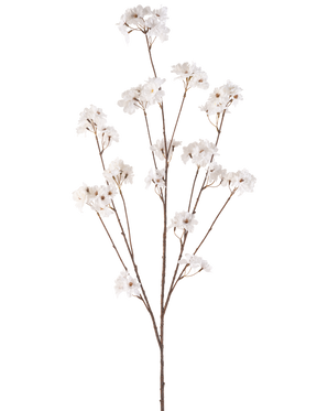 Die cremefarbene Kunstblume Kirschblüte 130 cm hat einen einzelnen braunen Stiel, der sich in mehrere dünne Stiele verzweigt, die jeweils mit Büscheln kleiner, zarter cremefarbener Kirschblütenblüten vor einem schlichten weißen Hintergrund verziert sind.