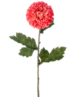 Die künstliche Blumen-Dahlie 75 cm rot ist eine einzelne künstliche rote Dahlienblume mit geschichteten Blütenblättern und mehreren grünen Blättern an einem langen grünen Stiel, isoliert auf einem weißen Hintergrund.