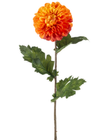 Die künstliche Blumen-Dahlie 75 cm orange besteht aus einer einzelnen orangefarbenen Dahlie mit geschichteten Blütenblättern, grünen Blättern und einem langen braunen Stiel vor einem schlichten weißen Hintergrund.