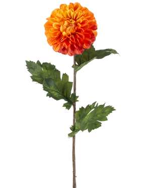 Die künstliche Blumen-Dahlie 75 cm orange besteht aus einer einzelnen orangefarbenen Dahlie mit geschichteten Blütenblättern, grünen Blättern und einem langen braunen Stiel vor einem schlichten weißen Hintergrund.