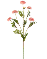 Die künstliche Blumen-Pompon-Chrysantheme 69 cm rosa hat einen einzelnen Stiel mit mehreren hellrosa, runden Pompon-Blüten und grünen, farnartigen Blättern auf weißem Hintergrund.