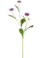 Ein künstliches Blumen-Sommergitter von 57 cm mit einem einzelnen grünen Stiel, drei violetten, gänseblümchenähnlichen Blüten mit einem gelben Herzen und einer Reihe grüner Blätter, dargestellt vor einem schlichten weißen Hintergrund.