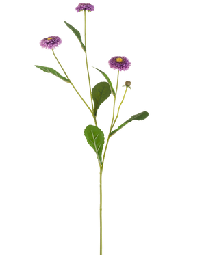 Ein künstliches Blumen-Sommergitter von 57 cm mit einem einzelnen grünen Stiel, drei violetten, gänseblümchenähnlichen Blüten mit einem gelben Herzen und einer Reihe grüner Blätter, dargestellt vor einem schlichten weißen Hintergrund.