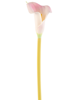 Die künstliche Calla-Blume 64 cm Blush, eine einzelne rosa-weiße Calla-Lilie mit gelbem Stiel, wird vor einem schlichten weißen Hintergrund dargestellt.