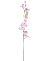 Eine einzelne lange künstliche Erbsenblume mit einem violetten Stiel von 64 cm und zarten violetten Blüten, die vertikal angeordnet sind, vor einem schlichten weißen Hintergrund.