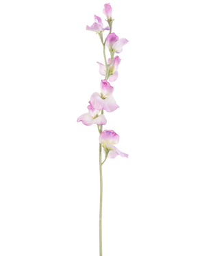Eine einzelne lange künstliche Erbsenblume mit einem violetten Stiel von 64 cm und zarten violetten Blüten, die vertikal angeordnet sind, vor einem schlichten weißen Hintergrund.