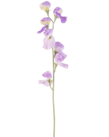 Eine einzelne künstliche Blumenerbse 64 cm lila mit zarten hellvioletten Blütenblättern und grünen Blättern, isoliert auf weißem Hintergrund.