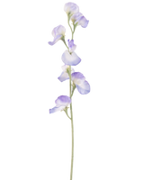 Eine einzelne künstliche Erbsenblume, 64 cm lang, Lavendel, mit mehreren zarten hellvioletten Blüten und grünen Stielen, isoliert auf weißem Hintergrund.