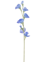 Die künstliche Blumenerbse 64 cm blau hat einen einzelnen schlanken grünen Stiel mit mehreren zarten blauen Blüten und grünen Knospen, die über die gesamte Länge verteilt sind, vor einem schlichten weißen Hintergrund.