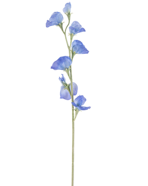 Die künstliche Blumenerbse 64 cm blau hat einen einzelnen schlanken grünen Stiel mit mehreren zarten blauen Blüten und grünen Knospen, die über die gesamte Länge verteilt sind, vor einem schlichten weißen Hintergrund.