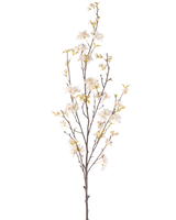 Die cremefarbene Kunstblume Kirschblüte 150 cm hat einen hohen Zweig mit mehreren dünnen Stielen, kleinen weißen Kirschblütenblüten und verstreuten grünen Blättern, alles vor einem schlichten weißen Hintergrund.