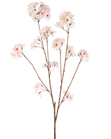 Die künstliche Blume Kirschblüte 114 cm in Rouge hat einen einzelnen braunen Stiel mit mehreren Zweigen, die mit zarten, rosafarbenen Kirschblütenblüten gekrönt sind, die wunderschön isoliert auf einem weißen Hintergrund stehen.