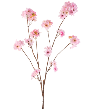 Die Kunstblume Kirschblüte 114 cm rosa hat mehrere schlanke braune Stiele mit Büscheln zartrosa Kirschblüten vor einem schlichten weißen Hintergrund.
