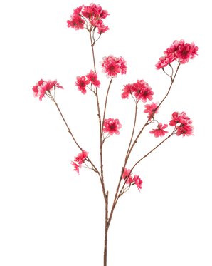 Die künstliche Blume Kirschblüte 114 cm in Fuchsia zeigt einen einzelnen braunen Zweig mit mehreren Stielen, jeder mit Büscheln leuchtend fuchsiafarbener künstlicher Weihnachtsblüten vor einem schlichten weißen Hintergrund.
