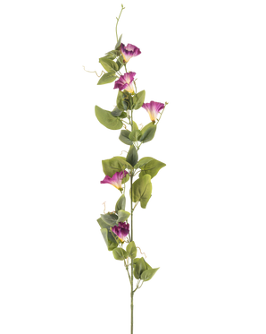Die künstliche Blumenwinde 122 cm lila hat einen einzelnen hohen grünen Stiel mit mehreren malvenfarbenen und weißen Prunkwindenblüten und grünen Blättern entlang seiner Länge vor einem weißen Hintergrund.