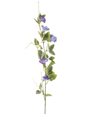 Die künstliche Blumenwinde 122 cm lila hat einen langen grünen Stiel mit mehreren grünen Blättern und lila, trompetenförmigen Kunstblumen, die vertikal vor einem schlichten weißen Hintergrund angeordnet sind.