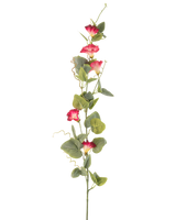 Ein einzelner Stiel einer künstlichen Ackerwinde, 122 cm, rot, mit mehreren roten Kunstblumen und grünen Blättern vor einem schlichten weißen Hintergrund.