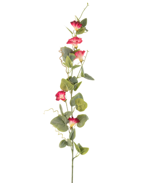 Ein einzelner Stiel einer künstlichen Ackerwinde, 122 cm, rot, mit mehreren roten Kunstblumen und grünen Blättern vor einem schlichten weißen Hintergrund.