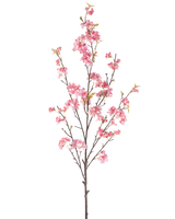 Die künstliche Kirschblüte 150 cm rosa hat einen einzelnen braunen Zweig mit mehreren dünnen Stielen, verziert mit Büscheln zartrosa Kirschblüten und einigen grünen Blättern, isoliert auf weißem Hintergrund.