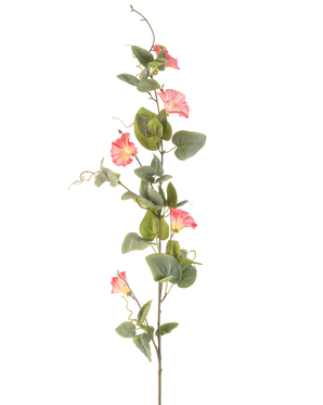 Die künstliche Blumenwinde 122 cm rosa hat einen einzelnen hohen Stiel mit grünen Blättern, mehreren rosa trompetenförmigen Blüten und lockigen Ranken vor einem weißen Hintergrund.