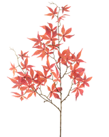 Die künstliche Blume Ahornblatt 109 cm rot hat mehrere dünne Zweige, die mit leuchtend roten, sternförmigen Ahornblättern verziert sind und sich wunderschön vor einem schlichten weißen Hintergrund abheben.