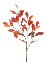 Das künstliche Blumen-Ulmenblatt 113 cm rot hat mehrere dünne Stiele mit leuchtend roten und orangefarbenen Herbstblättern, isoliert auf einem weißen Hintergrund.