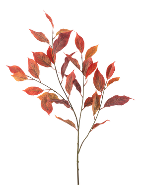 Das künstliche Blumen-Ulmenblatt 113 cm rot hat mehrere dünne Stiele mit leuchtend roten und orangefarbenen Herbstblättern, isoliert auf einem weißen Hintergrund.