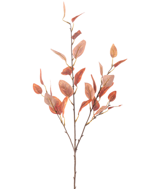 Eine einzelne künstliche Eukalyptusblume 104 cm mit mehreren dünnen Stielen und ovalen roten Herbstblättern vor einem schlichten weißen Hintergrund.
