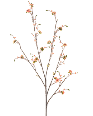 Die Kunstblume Gänseblümchen 108 cm rosa ist ein hoher, schlanker Kunstzweig mit mehreren Zweigen, verziert mit kleinen rosa Gänseblümchenblüten und grünen Blättern, vor einem schlichten weißen Hintergrund.