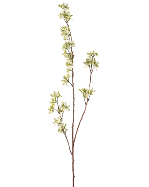 Die künstlichen Blumen 102 cm grün haben einen einzelnen hohen Stiel mit mehreren dünnen Trieben, geschmückt mit kleinen weißen und hellgrünen Blütensträußen vor einem schlichten weißen Hintergrund.