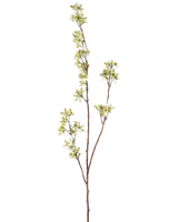 Die künstlichen Blumen 102 cm grün sind ein einzelner, schlanker brauner Zweig mit mehreren Ablegern und kleinen Büscheln hellgrüner und weißer Blüten vor einem schlichten weißen Hintergrund.
