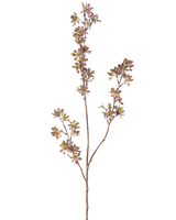 Die künstlichen Blumen 102 cm lila/grün haben einen einzelnen braunen Stiel mit mehreren Zweigen, die jeweils mit kleinen gefleckten lila und grünen Blättern vor einem schlichten weißen Hintergrund verziert sind.