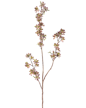 Die künstlichen Blumen 102 cm lila/grün haben einen einzelnen braunen Stiel mit mehreren Zweigen, die jeweils mit kleinen gefleckten lila und grünen Blättern vor einem schlichten weißen Hintergrund verziert sind.