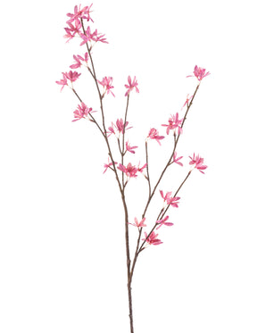 Die künstliche Blumen-Wildblumen 112 cm Fuchsia hat einen einzelnen Zweig mit mehreren Ablegern, mit zarten fuchsiafarbenen Blüten vor einem weißen Hintergrund.