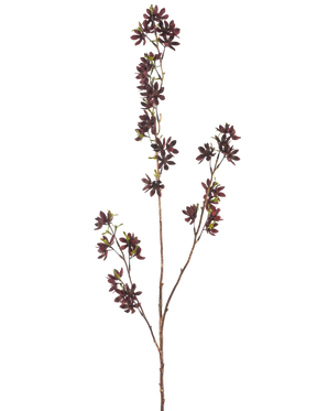 Die künstlichen Blumen 102 cm Burgund haben einen hohen Zweig mit mehreren dünnen Stielen, jeder mit kleinen, dunkel burgunderroten Blüten und ein paar grünen Blättern, vor einem schlichten weißen Hintergrund.