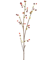 Die künstliche Hagebuttenblume 112 cm rot hat einen einzelnen braunen Zweig mit kleinen roten und dunkelvioletten Beeren und ein paar hellgrünen Blättern vor einem schlichten weißen Hintergrund.