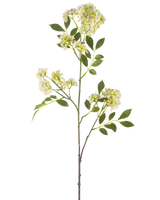 Die Kunstblume Wildkarotte 102 cm cremefarben hat einen einzelnen hohen Stiel mit Büscheln kleiner cremefarbener Blüten und mehreren grünen, gezackten Blättern vor einem weißen Hintergrund.