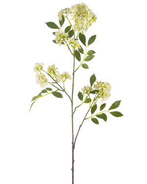 Die Kunstblume Wildkarotte 102 cm cremefarben hat einen einzelnen hohen Stiel mit Büscheln kleiner cremefarbener Blüten und mehreren grünen, gezackten Blättern vor einem weißen Hintergrund.