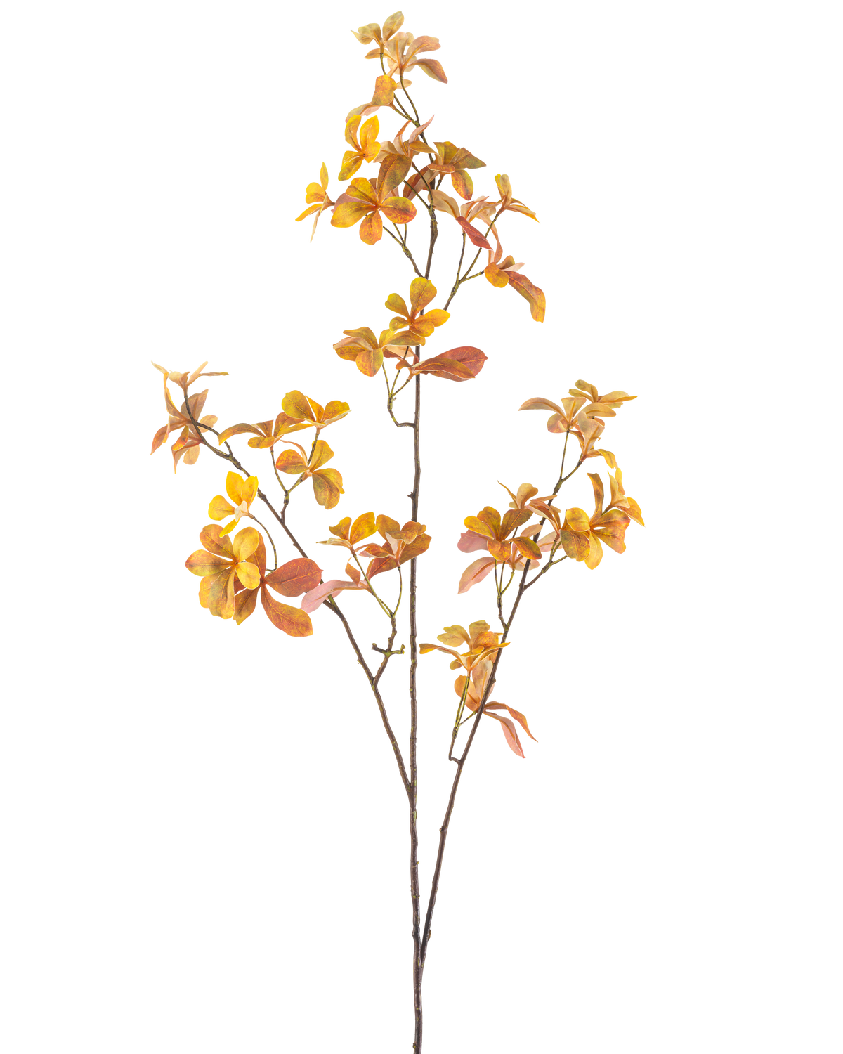 Der künstliche Zweig Enkianthus 112 cm gelb ist ein einzelner künstlicher Zweig mit mehreren Stielen und gelben Herbstblättern vor einem schlichten weißen Hintergrund.