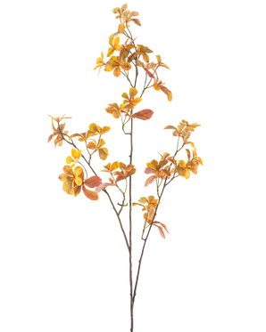 Der künstliche Zweig Enkianthus 112 cm gelb ist ein einzelner künstlicher Zweig mit mehreren Stielen und gelben Herbstblättern vor einem schlichten weißen Hintergrund.