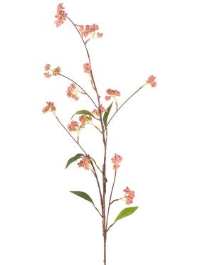 Die künstliche Beerenblume 95 cm rosa hat einen langen, dünnen Stiel mit einer Reihe kleiner Büschel rosa Beeren und einigen grünen Blättern, die vor einem schlichten weißen Hintergrund abgebildet sind.