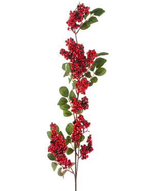 Die künstliche Beerenblume 104 cm rot besteht aus einem einzelnen Zweig mit Büscheln kleiner, leuchtend roter Beeren und grünen Blättern vor einem weißen Hintergrund.
